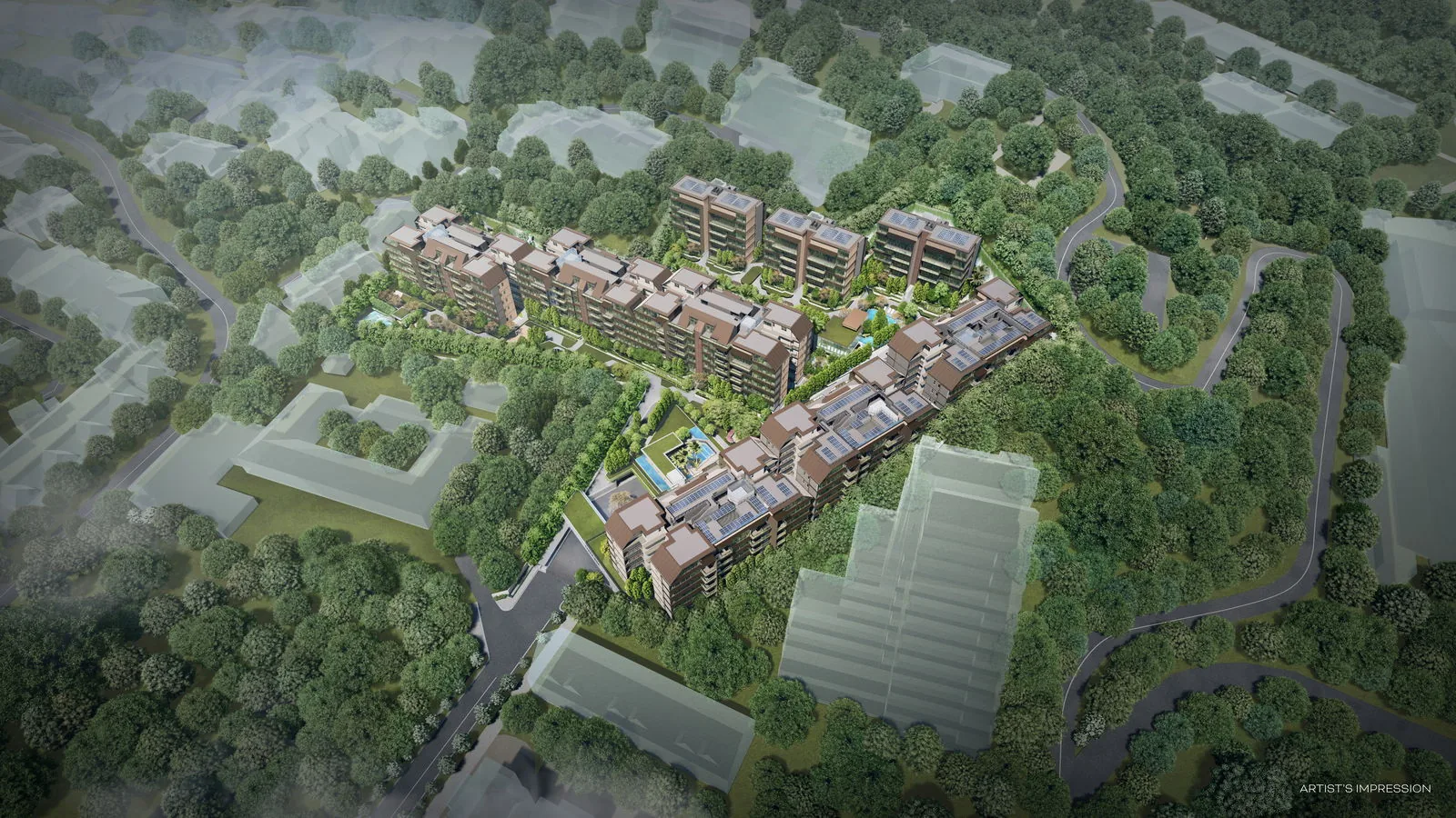 Aerial view of Terra Hill: nine low-rise blocks with solar-panelled roofs stepping across a wooded hillside at Yew Siang Road, ringed by landed homes (artist's impression)
