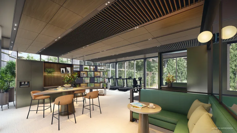 The Terra Hub and fitness studio upstairs in Terra House, with treadmills along the glazing and a lounge with bookshelves (artist's impression)