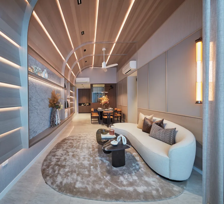 Living and dining room of a Signature Collection home at Terra Hill, with a curved timber ceiling and a ceiling fan (show unit photograph, for illustration only)